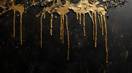 This striking black and gold abstract background features an artistic paint drip effect. The elegant texture adds a touch of luxury and sophistication, ideal for various design applications.の素材