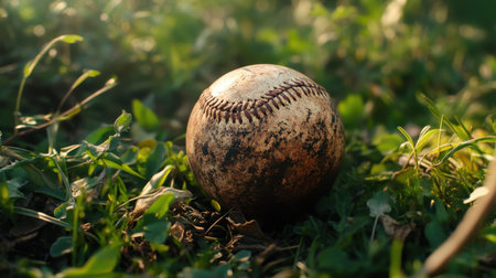 An old worn baseball lies on the green grass, showcasing its texture and history. This image captures the essence of outdoor sports and the joys of play.の素材
