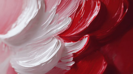 Close-up of an abstract swirl texture showcasing red and white brush strokes. This vibrant painting captures the essence of modern artistic expression and creativity.の素材