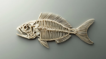 This image features a detailed fish skeleton on a soft gray background, showcasing its intricate bone structure. Ideal for educational and scientific purposes.の素材