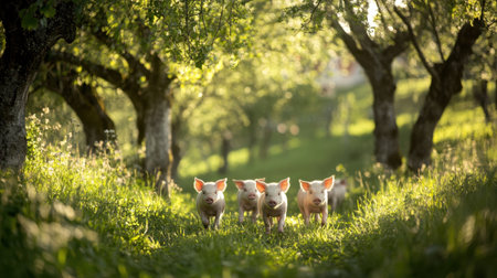 A delightful scene of cute piglets walking through a sunlit orchard, surrounded by lush greenery and blooming trees, capturing the essence of rural life.の素材