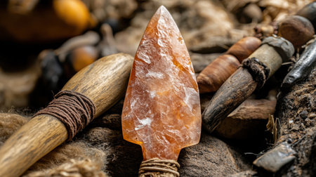 Explore the beauty of ancient craftsmanship with this close-up of a stone arrowhead alongside wooden tools, showcasing the rich history of human innovation and survival practices.の素材