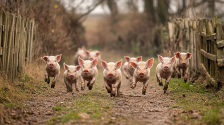 A group of energetic piglets races joyfully down a dirt path in a serene countryside setting, capturing the essence of farm life and youthful exuberance.の素材