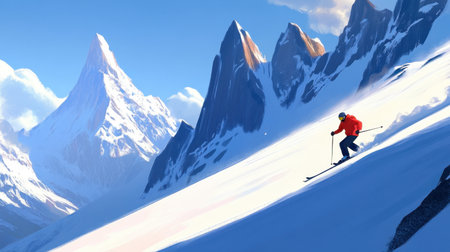 A skier glides down a snowy mountain slope, showcasing the thrill of winter sports. The breathtaking landscape features towering peaks and a clear blue sky, creating a perfect winter adventure scene.の素材
