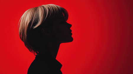 This artistic image features the silhouette of a woman with stylish short hair against a striking red background, creating a bold and dramatic visual impact.の素材