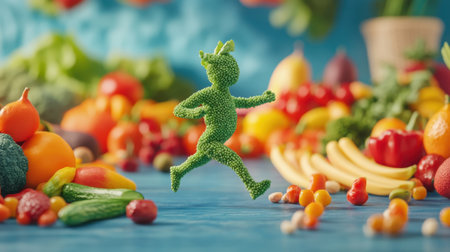 A whimsical figure made of vegetables joyfully runs through a vibrant scene filled with fresh produce, celebrating health and creativity in a colorful environment.の素材