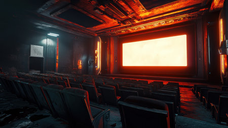 A hauntingly beautiful view of an abandoned cinema featuring empty rows of chairs and a large blank screen, illuminated by glowing lights in a shadowy environment.の素材