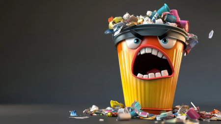 This humorous illustration features an angry cartoon trash can overflowing with colorful litter, highlighting waste management and environmental issues in a playful manner.の素材