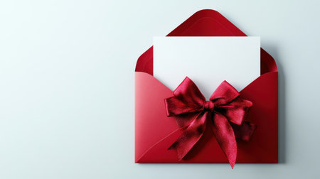 A stylish red envelope tied with a beautiful bow holds a blank card, perfect for personal messages in any special occasion or celebration. Ideal for invitations and heartfelt notes.の素材