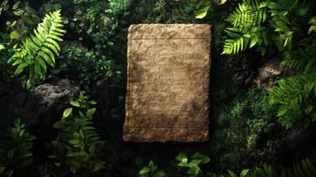 A beautifully textured ancient stone tablet lies amidst lush greenery, moss, and vibrant foliage, offering a serene backdrop for themes of history and nature's beauty.の素材