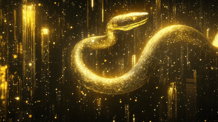This mesmerizing image features a golden serpent gliding through a space filled with sparkling particles and radiant light, creating an enchanting and luxurious atmosphere.の素材