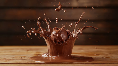 A decadent scene featuring a scoop of chocolate ice cream splashing into a pool of rich chocolate sauce, beautifully captured on a rustic wooden table.の素材