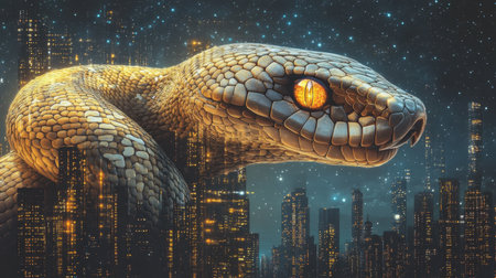 A surreal depiction of a large golden snake merging with a vibrant city skyline under a breathtaking starry sky, showcasing the enchanting blend of nature and urban life.の素材