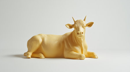 This unique yellow cow sculpture lies gracefully on a soft white background, making it perfect for artistic and agricultural-themed projects, conveying creativity and tranquility.の素材