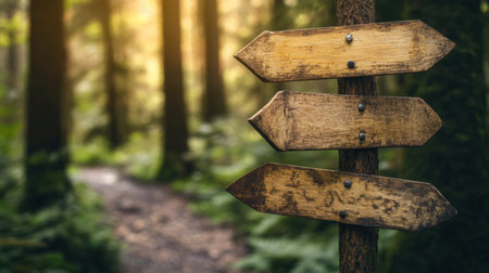A rustic wooden signpost stands by a quiet forest pathway, bathed in soft sunlight. This image embodies tranquility and invites you to explore the beauty of nature.の素材