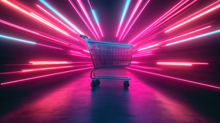 A shopping cart is positioned in a vibrant neon-lit environment, surrounded by streaks of colorful light, symbolizing modern consumer culture and dynamic retail experiences.の素材