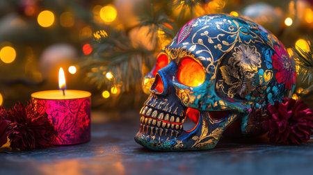 A stunning decorative skull adorned with intricate floral patterns, resting beside a glowing candle, creating a warm and festive atmosphere perfect for holiday celebrations.の素材
