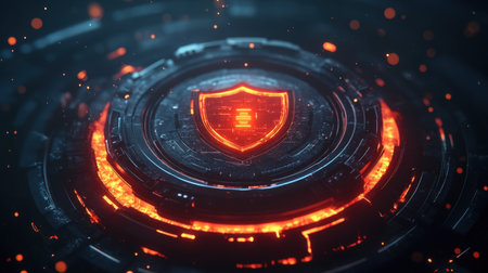 A striking shield logo illuminated by a vibrant fiery glow, set against a dark digital backdrop, perfect for themes of technology and security in creative projects.の素材