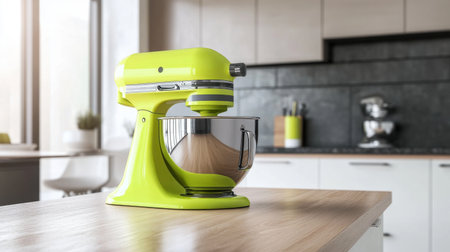 A vibrant green stand mixer sits on a wooden kitchen counter, showcasing modern design and functionality with natural light illuminating the bright space beautifully.の素材