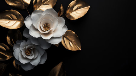 Discover an exquisite arrangement of elegant white roses and golden leaves on a dark background, perfect for minimalist decor and artistic floral inspiration.の素材