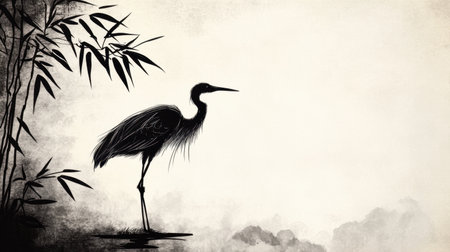 This artistic illustration showcases a heron silhouette against a soft background, complemented by bamboo, capturing the essence of calm and beauty in nature.の素材