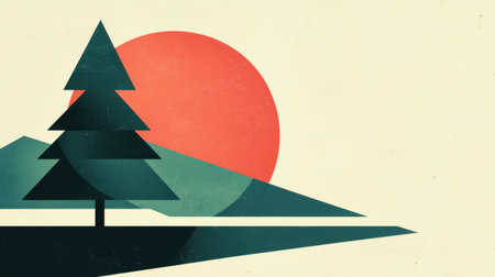 This abstract geometric landscape features a minimalist pine tree and a large sun in warm tones, ideal for contemporary art and nature-themed projects.の素材