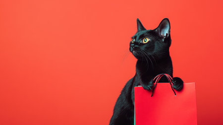 A charming black cat curiously holds a bright red shopping bag, set against a vivid red backdrop, capturing the joy of festive shopping and playful pet interactions.の素材