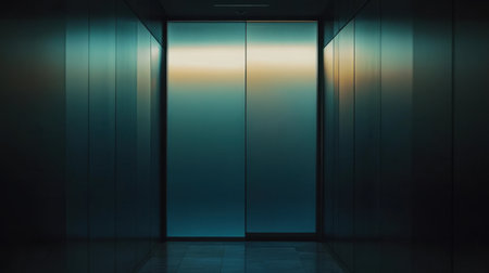 Captivating visual of a serene elevator entrance, showcasing modern architecture with a minimalist design and soft light reflections, creating an atmospheric and intriguing setting.の素材