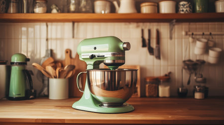 A charming green kitchen mixer rests on a wooden countertop, creating a warm atmosphere with various kitchen utensils around, perfect for inspiring cooking and baking delights.の素材