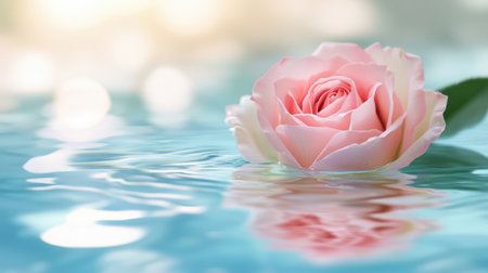 A beautiful pink rose floats gracefully on serene aqua waters, creating a peaceful scene with soft bokeh light in the background, perfect for nature lovers and floral enthusiasts.の素材
