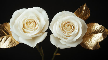 Beautiful white roses adorned with luxurious golden leaves create a stunning visual contrast against a dark background, perfect for expressing love and elegance in designs.の素材