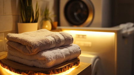 A tranquil scene featuring soft, clean towels stacked on a wooden board, illuminated by warm lighting in a stylish laundry area, enhanced by decorative plants for a cozy atmosphere.の素材
