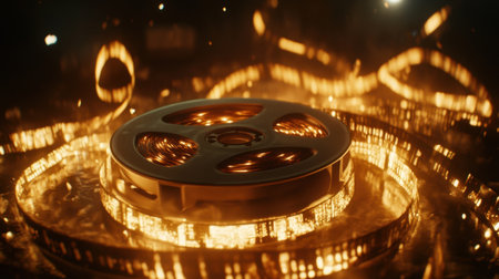 A stunning image showcasing an old film reel wrapped in a radiant golden glow, capturing the essence of nostalgia and the enchanting world of cinema.の素材