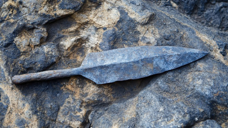 An ancient arrowhead rests on a rocky surface, showcasing its historical significance and craftsmanship. The rugged environment highlights its timeless appeal.の素材
