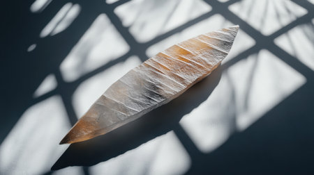 This elegant translucent stone rests on a textured surface, casting soft shadows. Its organic shape and gentle hues create a tranquil, minimalist aesthetic perfect for modern decor.の素材