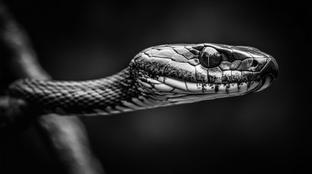 A detailed close-up of a snake head in dramatic black and white. The photo highlights the intricate scales and piercing eyes, showcasing the elegance and intensity of this reptile in its natural habitat.の素材
