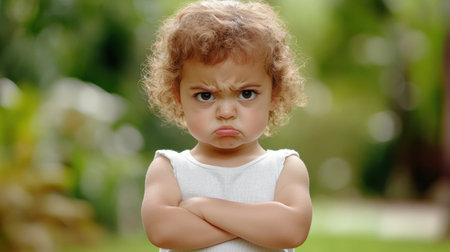 A young child with curly hair and an angry expression stands with crossed arms in a vibrant outdoor setting, showcasing a moment of childhood emotion.の素材