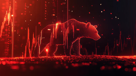 A striking digital illustration of a bear against a vibrant red data background. This design symbolizes market trends and financial analysis, perfect for tech concepts.の素材