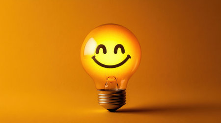 A cheerful light bulb featuring a smiley face against a vibrant orange background, symbolizing joy and creativity. Perfect for uplifting designs.の素材