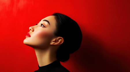 This striking profile portrait features a young woman with elegant makeup, showcasing her graceful features against a bold red background, conveying a sense of beauty and sophistication.の素材