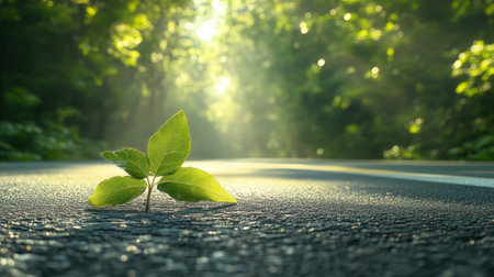 A vibrant green leaf emerges from asphalt on a tranquil forest road, symbolizing resilience and growth amid nature's beauty. Perfect for nature themes.の素材