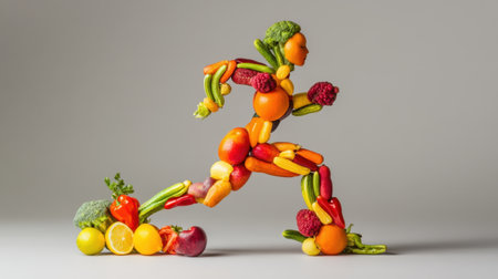 This captivating image showcases a dynamic figure created from a variety of fresh vegetables, symbolizing health and vitality in motion.の素材