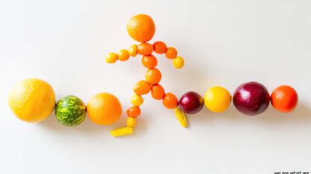 A whimsical display of fruits creatively arranged to depict a running figure, symbolizing health, vitality, and an active lifestyle through vibrant colors.の素材