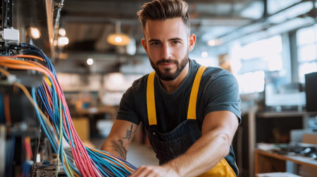 A skilled technician focuses intently on colorful wires in a modern workshop. This image captures the essence of craftsmanship and technology in action.の素材