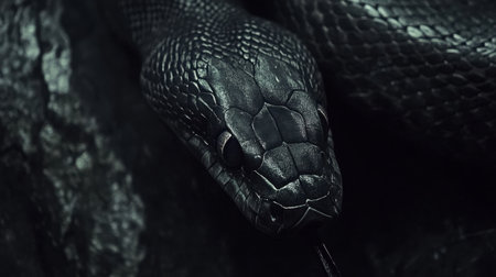A striking close-up of a dark textured snake resting among rocks, showcasing its intricate scales and intense eyes, highlighting the beauty of wildlife.の素材