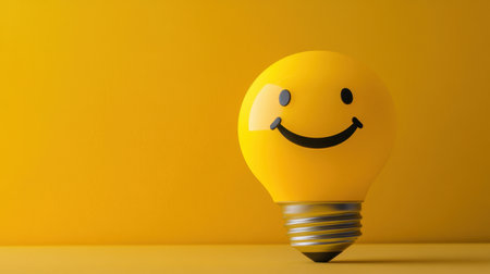 This playful image features a bright yellow light bulb with a cheerful smiley face, set against a vibrant yellow background, symbolizing creativity and positivity.の素材