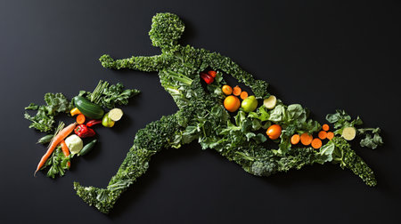 A creative composition featuring a runner silhouette made from fresh vegetables, emphasizing the connection between fitness and healthy eating. Perfect for health and wellness themes.の素材