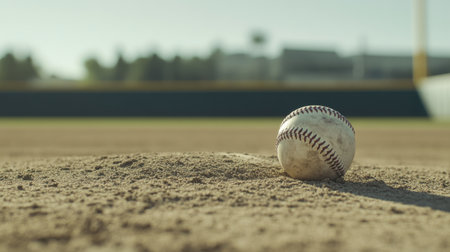 A close-up view of a weathered baseball resting on a dusty pitcher's mound, capturing the essence of summer sports and outdoor recreation.の素材