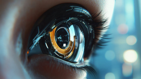 This captivating close-up image showcases a futuristic cybernetic eye, blending technology and aesthetics, with intricate circuitry and vibrant reflections, embodying innovation and imagination.の素材