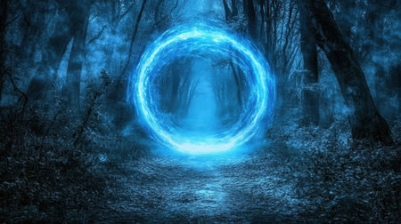 A captivating blue portal glows in a foggy forest, surrounded by tall trees and shadows, inviting adventure and intrigue in a mystical atmosphere.の素材